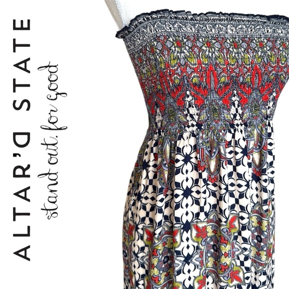 Altar’d State Boho Strapless Maxi Dress Multi Hue Paisley Print Smocked Tube Top - Picture 7 of 10